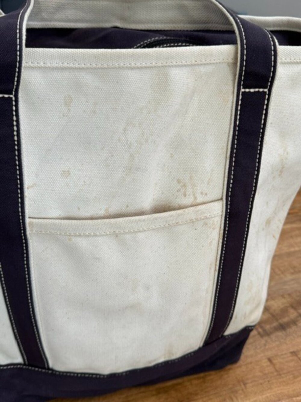 Lands End Heavy Duty Canvas Boat Tote XL Cream Navy USA Retro Zip Zipper Spots - Picture 7 of 16